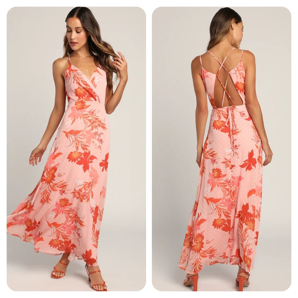 Lulu's Feel The Vibe Pink Floral Print Sleeveless Lace Up Maxi Dress Small